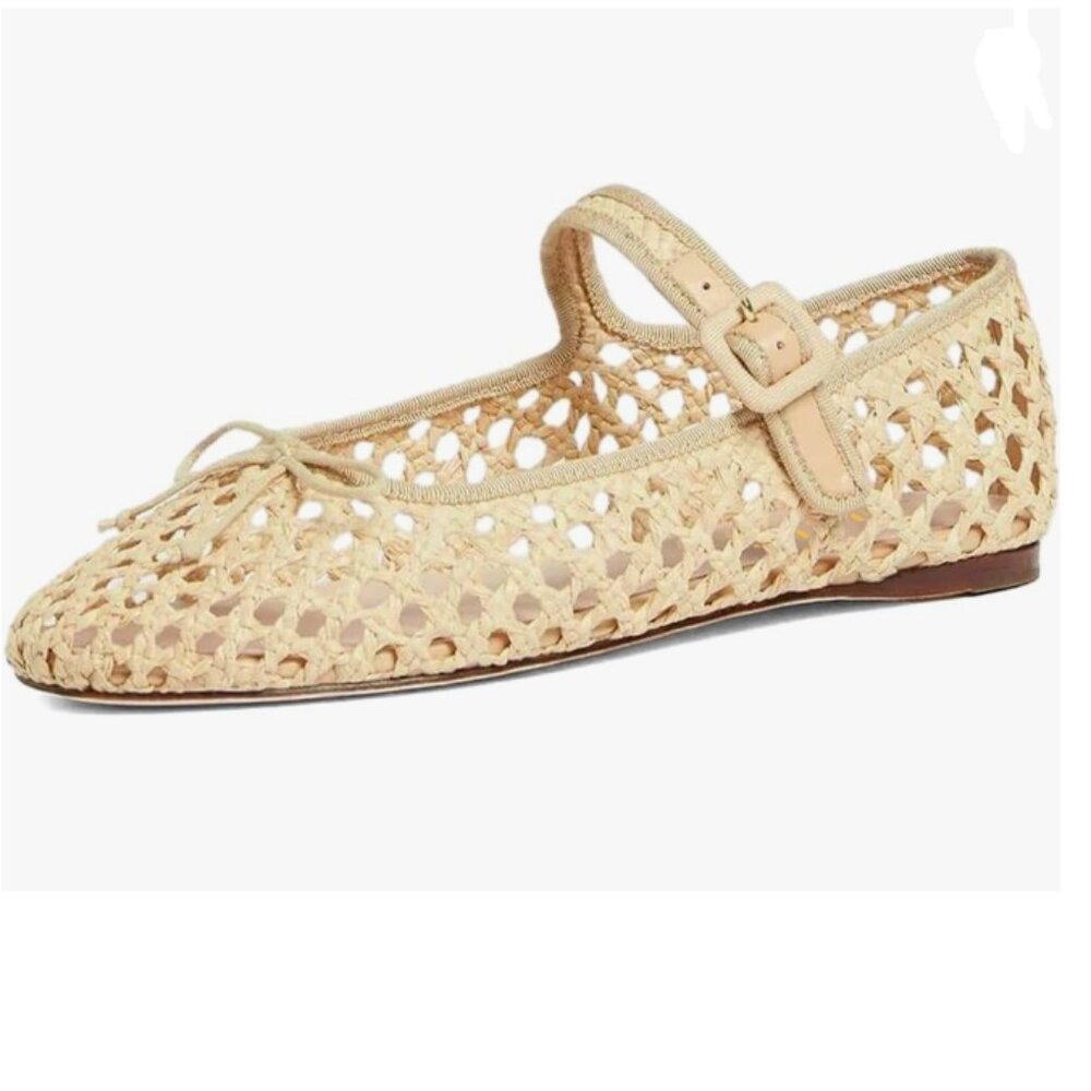 Miss Left Beige Cutout Bowknots Ankle Strap Mary Jane Round Toe Ballet Flats